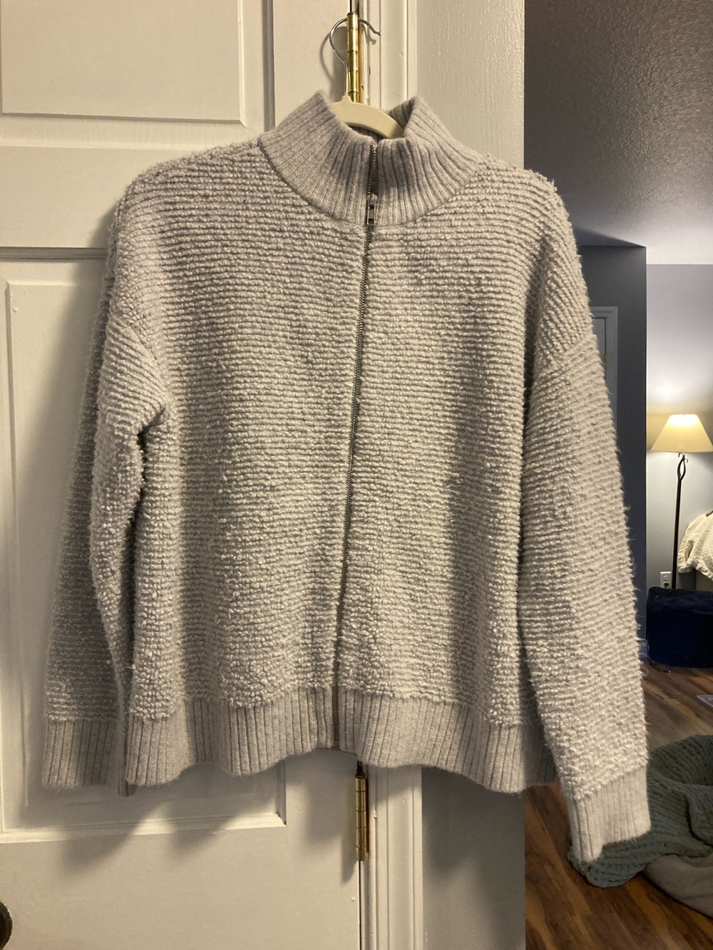 Ann Taylor Light Gray Zip-Front Cowl Sweater